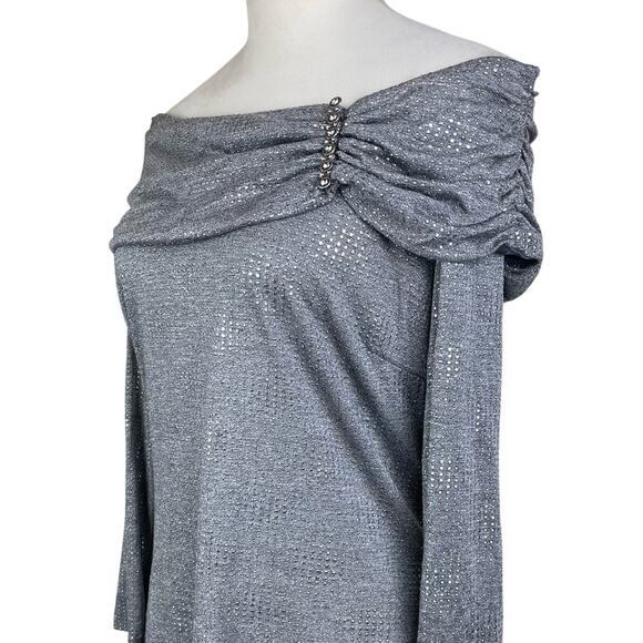 Frank Lyman NWT Dark Gray Silver Metallic Off the Shoulder Ruched Jewel Top - Picture 6 of 12